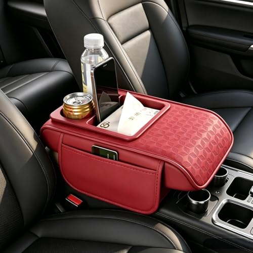 Car Center Console Cover, Auto Car Armrest Cushion 5-in-1 with Cup Holder, Tissue Box Slot, Phone Slot for Vehicle, Car Accessories Interior Storage Organizers (Red) - color: Red