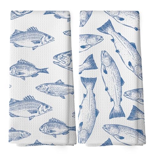 Coastal Fish Kitchen Towels - Ocean Beach Dish Towels, Blue Nautical Beachy Fish Decorative Absorbent Dishcloths Hand Towels Set of 2 for Kitchen Bathroom Decor 16x24 Inches - color: Summer-13