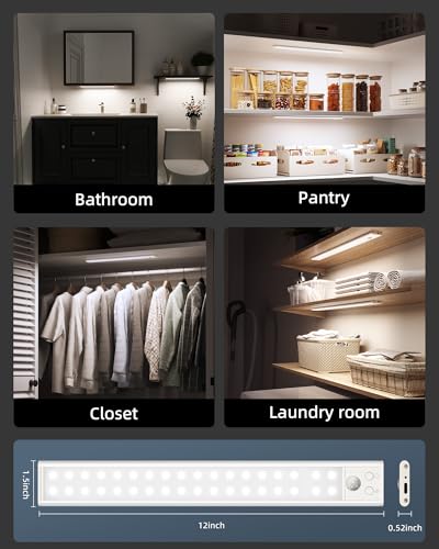 12inch Under Cabinet Lights, Motion Sensor Light Indoor, 2200mAh Rechargeable Battery, Wireless, Magnetic, 5 Levels Dimmable Closet Lights, Under Counter Lights for Kitchen, Bathroom (2 Pack) - size: 12inch