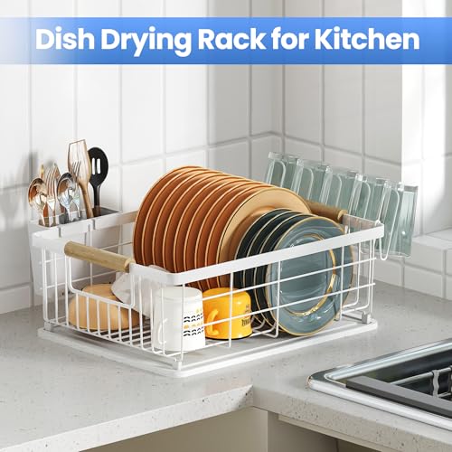 Dish Drying Rack White with Diatomaceous Earth 1 Tier,Multifunctional Dish Racks for Kitchen Counter Quick-Drying,Large Capacity Space Saving with Cutlery Cups Holder - color: White, size: 1 Tier