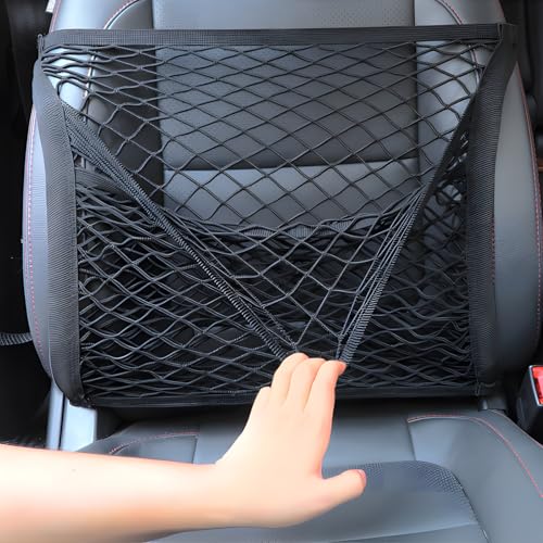 Car Seat Net Passenger Seat Caddy, Double Layer Front Seat Versatile Elastic Organizer Net Purse Holder Most Sizes Shapes Universal for GMC Ford Toyota No Removal Required, 19.69" x 15.75"