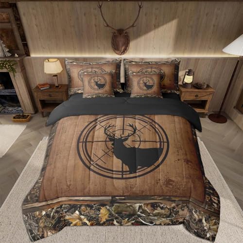 Feelyou Deer Comforter Set Queen Size 7 Pieces Deer Hunting Bedding Set for Kids Girls Cabin Farmhouse Bed in a Bag with Comforter, Sheets,RusticWild Animal Leaves Quilted - color: Black and Tawny, size: Queen