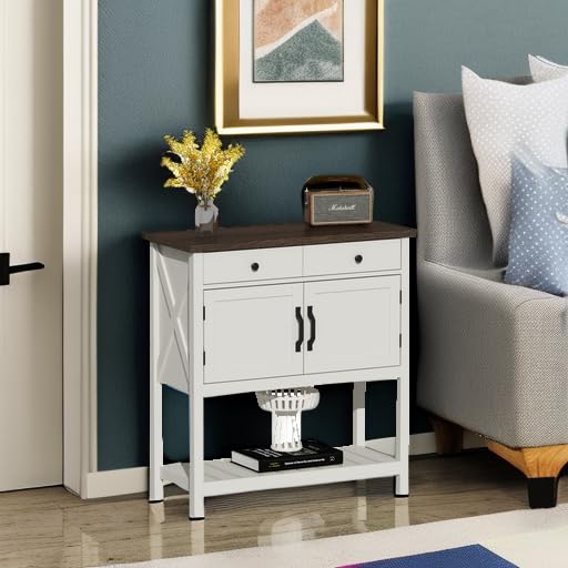 ChooChoo Farmhouse Console Table, Entryway Table with Storage Shelf, Coffee Bar Cabinet, Narrow Buffet Sideboard for Kitchen, Hallway, Living Room, White - color: White