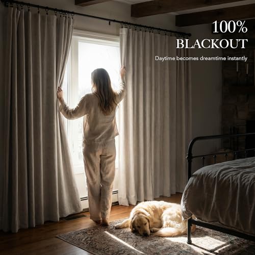 RYB HOME Natural Beige 100% Blackout Linen Curtains 72 inch Long, Thermal Insulated & Privacy Assurd Drapes for Bedroom/Office/Nursery, Rod Pocket & Back Tab Window Treatment, W52 X L72, 2 Panels - color: Natural Beige, size: 52"W x 72"L (Pack of 2)