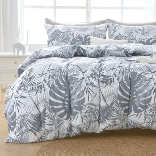 MUXHOMO Black&Grey Full Comforter Set, Elegant Floral Print Bed in a Bag 7 Pieces, Ultra Soft & Breathable Reversible Botanical Pattern Bedding Set with Comforter, Sheets, Pillowcases, and Shams - color: Black Grey Leaves, size: Full(82"x86")