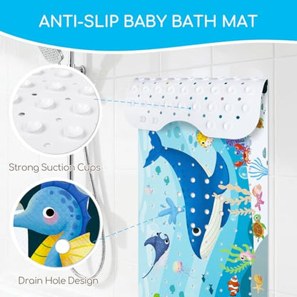 Baby Bath Mat for Tub, Non Slip Kids Bath Shower Mat, 40 X 16 Inch Large Bathtub Mat with Drain Holes and Suction Cups for Toddlers, Machine Washable and Waterproof (Whale) - color: Whale