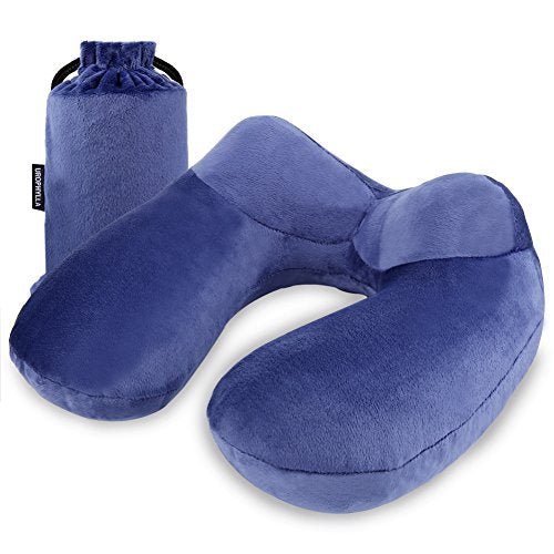 Inflatable Travel Pillow for Airplane, Soft Velvet Inflatable Travel Neck Pillow for Airplanes, Train, Car, Home and Office with Packsack & Comfortable Velvet - Blue - color: Blue