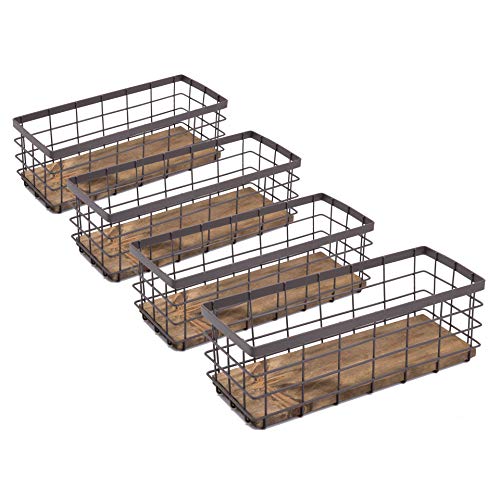 TIEYIPIN Small Metal Wire Storage Basket, Detachable Wood Base Storage Organizer Bin Basket for Kitchen Cabinets, Bathroom, Pantry, Garage, Laundry Room - Brown (4 Pack) - color: Brown, size: 4 Pack