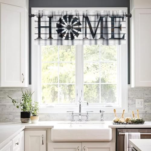 Retro Windmill Valance Curtain, Rustic Farmhouse Wood Grain Country Style Print Rod Pocket Blackout Window Valance for Kitchen Cafe Living Room Bathroom, 54x18in - color: Farmhouse-17