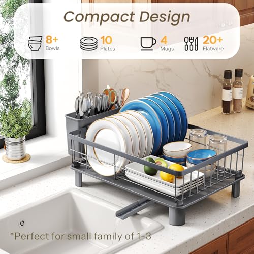SNTD Dish Drying Rack - Small Dish Rack for Kitchen Counter, Stainless Steel Dish Drainer with Utensil Holder and Drainboard, 11" W x 15" L (Grey) - color: Gray, size: 11" W x 15" L