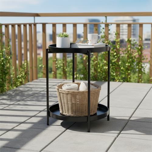 danpinera 2-Tier Round Side Table, Metal End Table with Removable Tray, Small Outdoor Table Accent Table, Anti-Rust Black Nightstand for Bedroom Balcony Patio (Black) - color: Black