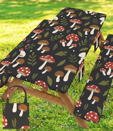 Picnic Table Cover with Bench Covers Elastic Tablecloth Camping Essentials Table Cloth Outdoor Glamping Cool Unique Fun Ideas Birthday Camping Gifts for Mother Mama Mommy Mom from Daughter Son Black - color: Black mushrooms, size: 72in