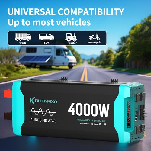 4000W Pure Sine Wave Inverter Peak 8000w 12V DC to 120V AC for RV, Truck, Off-Grid, Home, Solar Car Power Inverter with Dual AC Hardwire Port, 20A Socket, 5V 2.1A USB - size: Pure sine 4000w