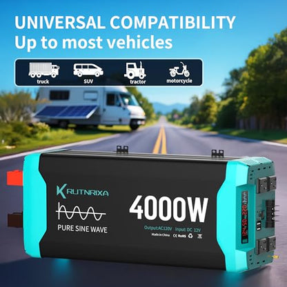 4000W Pure Sine Wave Inverter Peak 8000w 12V DC to 120V AC for RV, Truck, Off-Grid, Home, Solar Car Power Inverter with Dual AC Hardwire Port, 20A Socket, 5V 2.1A USB - size: Pure sine 4000w