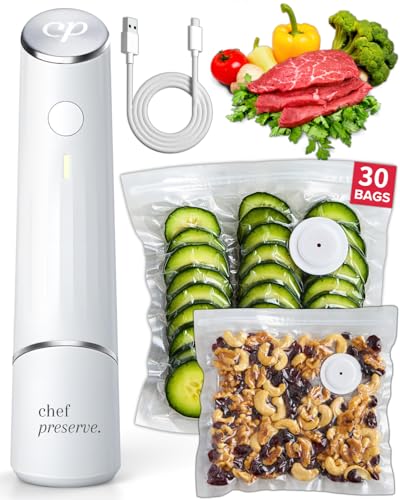 Chef Preserve Compact Vacuum Sealer for Food (Vacuum Sealer Machine + 30 Reusable Vacuum Bags) Powerful Handheld Vacuum Sealer Machine, Seal Meal Saver, Portable Food Sealer - size: Vacuum Sealer + 30 Bags