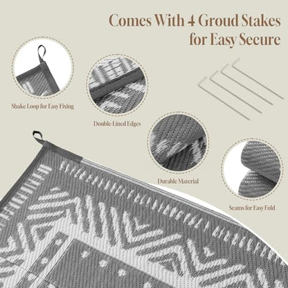 OMERAI Reversible Waterproof Outdoor Rug for Backyard,Plastic Textured Resistant Outdoors Rugs,Portable Washable Easy Cleaning Foldable Camping Beach Carpet for Patio Courtyard, 6'x9' Gray & White