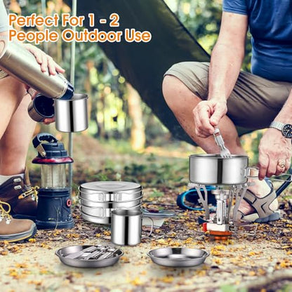 Funnymoom 15 Pcs Camp Cooking Set Stainless Steel Camping Cookware Mess Kit with Pot Pan and Stove 2 Set Stainless Steel Cups Plates Forks Knives Spoons for Camping Backpacking Outdoor Cooking Picnic
