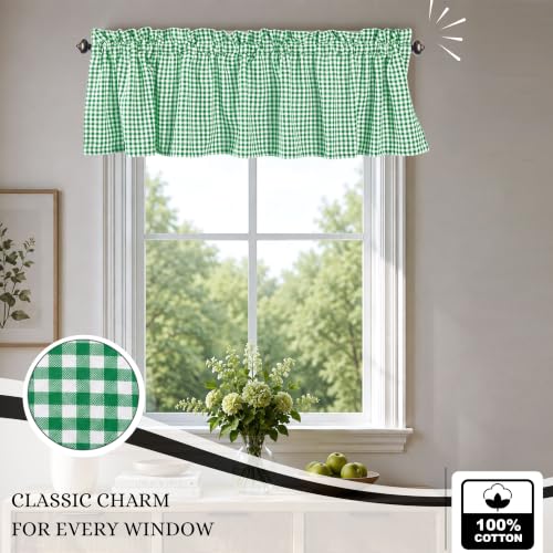 Mini Gingham Check Valance Curtains, 2 Pack, 54x18 Inches, 100% Cotton Rod Pocket Kitchen Window Valances for Farmhouse, Café, Bedroom, Bathroom and Living Room - Lemon Green - color: Lemon Green, Gingham, size: 18"W x 54"L (Pack of 2)