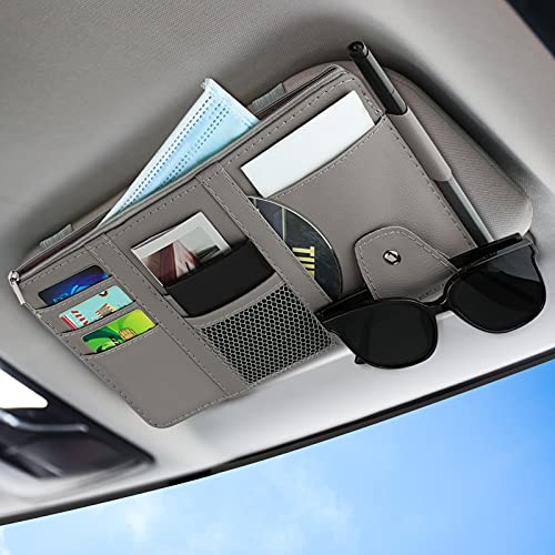 Car Sun Visor Organizer, Leather Pocket Organizer Sunglass Holder for Car Interior Accessories with Multi-Pocket Net Zipper (Gray) - color: Gray