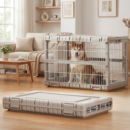 ZOMISIA Collapsible Dog Crate for Large Dogs - 36" L Heavy Duty Dog Kennel No Tools Required with 4 Sides Steel Foldable Cage for Dogs Indoor Furniture, Portable Carrier with 2 Smooth Wheels, Beige - color: Beige, size: 36.42 x 24.2 x 26 in