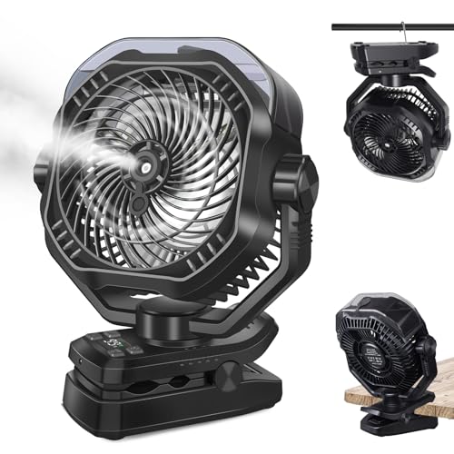 Portable Rechargeable Misting Fan with 12oz Mist, Battery Life Display, Remote, Timer, Light, 5 Speeds, 9-Inch, 10000mAh 60H Battery Powered Clip Fan for Stroller, Travel, Outdoor, Poweroutage - color: Black-10000mAh