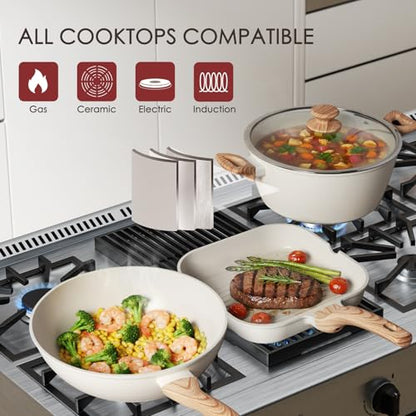 Kikcoin Pots and Pans Set Non Stick 31 Piece Kitchen Nonstick Cooking Cookware Sets with Grill Pan Saucepan Baking Sheet Utensil, Cream White - color: Cream White