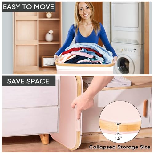 BALEINE Laundry Hamper with Lid, Tall Laundry Baskets with Bamboo Pull Handles, Large Laundry Bin with Internal Support (26 Gal/100L, Pink Stripe) - color: Pink Stripe, size: 100 liters