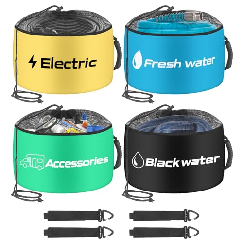 BOYISEN RV Storage Bags 4 Pack, Waterproof RV Sewer Hose Storage, RV Utility Bag Organizer, RV Hose Storage Bag for Power Cords, Fresh/Black Water Hoses and RV Accessories (Drawstring) - style: Drawstring Mesh Top