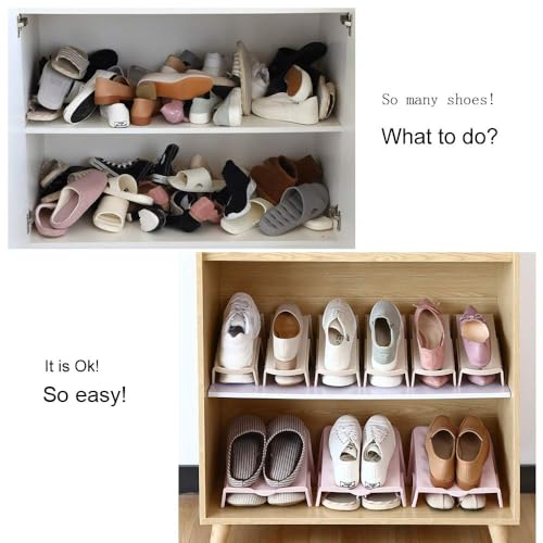 4 Pack Stacking Shoe Organizer for Shelf 10x8.7 in – Double Layer Space Saving Shoe Dividers for Shelves – Footwear Riser for Heels Under 4.7", Sneakers & Flats Storage for Small Closets, Dorms, Apts