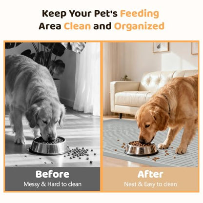 Silicone Cat & Dog Food Mat, 27" x 27" Large Pet Feeding Mat for Cats and Dogs Bowl, Pet Placemat for Food and Water with Raised Edge, Waterproof, Leakproof (Grey) - size: 27"L x 27"W