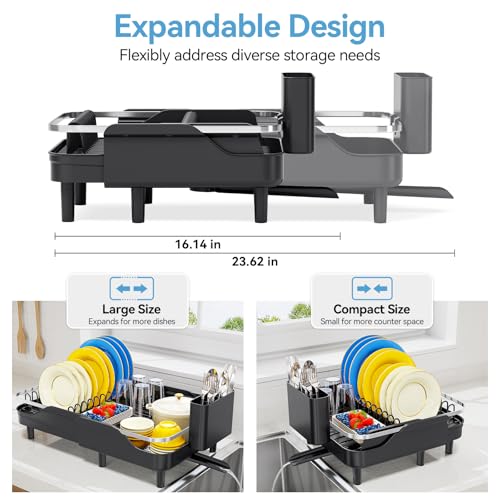 Urackify Dish Drying Rack for Kitchen Counter, Expandable Stainless Steel Dish Racks with Adjustable Water Spout, Space Saving Dish Drainer with Cutlery Holder,16.14"-23.62" L x 12.99" x 8.78",Black - color: Black