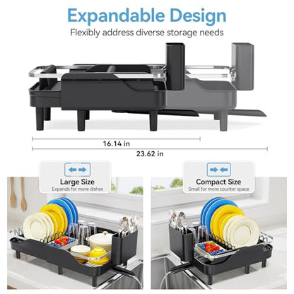 Urackify Dish Drying Rack for Kitchen Counter, Expandable Stainless Steel Dish Racks with Adjustable Water Spout, Space Saving Dish Drainer with Cutlery Holder,16.14"-23.62" L x 12.99" x 8.78",Black - color: Black