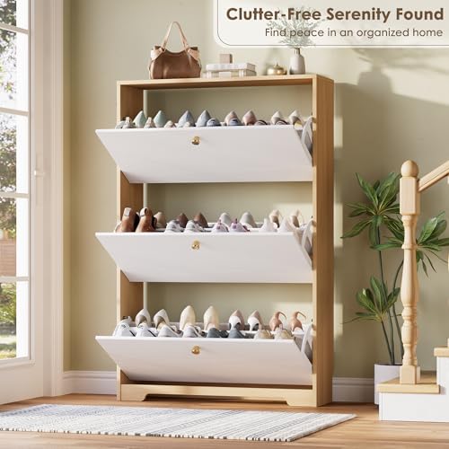 Nicetree Shoe Storage Cabinet for Entryway, Modern Shoe Cabinet, Freestanding Shoe Rack Cabinet, Hidden Shoe Dresser for Hallway,Foyer, Natural Oak and White - color: Natural Oak and White, style: 3-Drawers