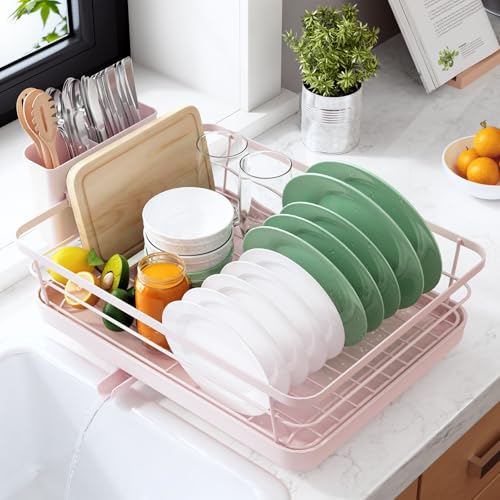 Kitsure Dish Drying Rack for Kitchen Counter, Stainless Steel Sink Organization and Storage Essentials with Cutlery Holder, Home and Appartment Decor, 12''W x 15.5''L, Pink - color: Pink, size: 12''W x 15.5''L - 1 Tier