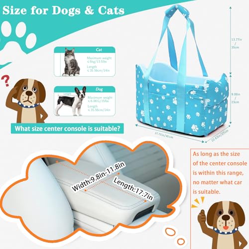 Center Console Dog Car Seat for Small Dogs Under 15lbs,Detachable Washable Booster Pet Car Seat Travel Bed with Storage Pockets and Seat Belt(Blue) - color: Blue