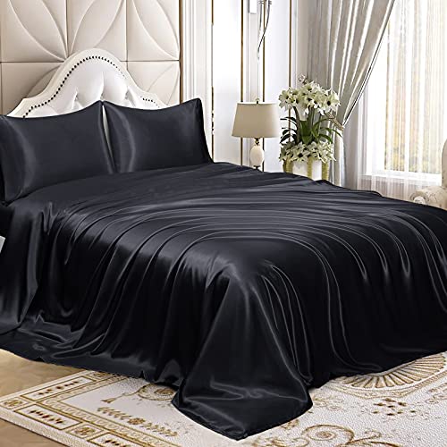 Homiest 3pcs Satin Sheets Set Luxury Silky Satin Bedding Set with Deep Pocket, 1 Fitted Sheet + 1 Flat Sheet + 1 Pillowcase (Twin Size, Black) - color: Black, size: Deep pocket - Twin size