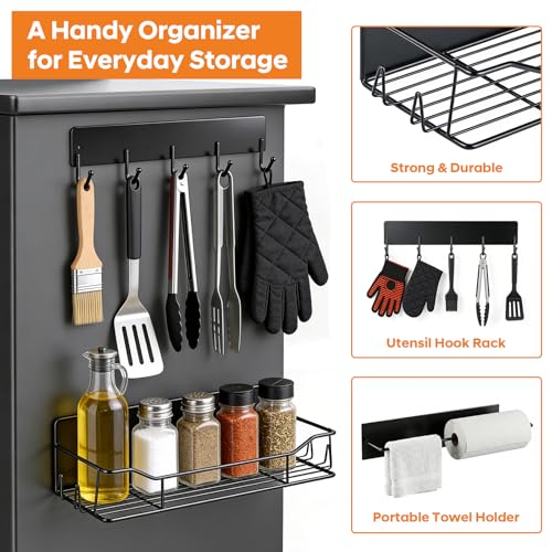 Magnetic Grill Caddy with Bins, BBQ Tool Organizer with Paper Towel Holder