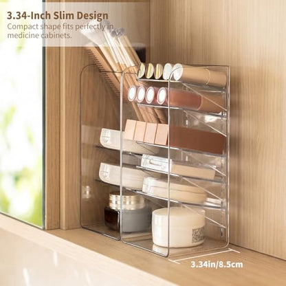 PAVSTINE 2-Pack Medicine Cabinet Organizer with Adjustable Dividers, Clear Vertical Layered Backward Slanting Shelves, Space-Saving, for Makeup Brush/Lip Gloss/Mascara Storage - size: 2-Tier & 5-Tier Slant Set