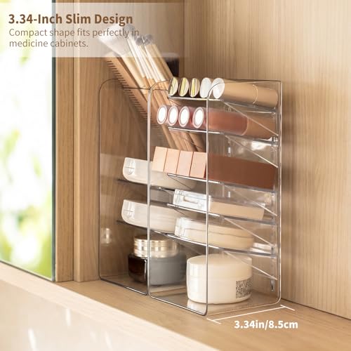 PAVSTINE 2-Pack Medicine Cabinet Organizer with Adjustable Dividers, Clear Vertical Layered Backward Slanting Shelves, Space-Saving, for Makeup Brush/Lip Gloss/Mascara Storage - size: 2-Tier & 5-Tier Slant Set