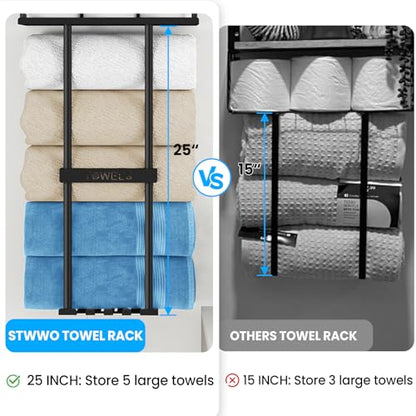 STWWO Bathroom Towel Storage Rack, Metal Towel Racks Wall Mounted Can Holds 5 Large Towels, 30.5IN Bathroom Towel Holder with Shelf & Storage Basket, Towel Organizer with 3 Hooks for RV, Apt, Black