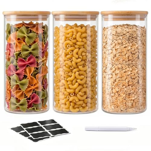 SENTVEND 51 Oz Glass Storage Jars with Bamboo Lids - 3 Pack Clear Glass Canisters Square Airtight Stackable Ideal for Pantry Storage Containers Great for Storing Oats Coffee Beans Pasta Flour Rice etc - color: 51 OZ-Clear