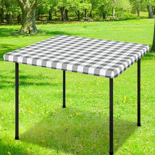 Smiry Square Picnic Table Cloth, Elastic Waterproof Fitted Vinyl Tablecloths, Flannel Backed Buffalo Plaid Table Covers for Dining, Camping, Outdoor (White and Grey, 42" x 42") - color: White and Grey, size: 42" x 42" (Square)