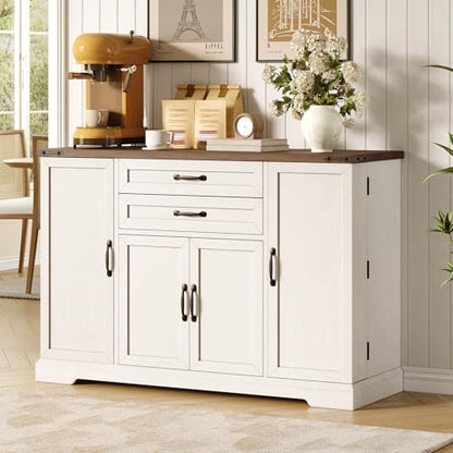 Vabches Sideboard Buffet Cabinet with 2 Drawers, Farmhouse Kitchen Pantry with Adjustable Shelves, Coffee Bar Cupboard Cabinet with 4 Doors for Kitchen & Dining Room