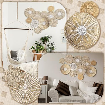 11 Pcs Boho Hanging Wall Basket Decor Handmade Woven Basket Wall Decorative Boho Wicker Baskets Placemats Round Farmhouse Bulrush Art for Rustic Home Decorations Christmas Gift(Fresh) - style: Fresh