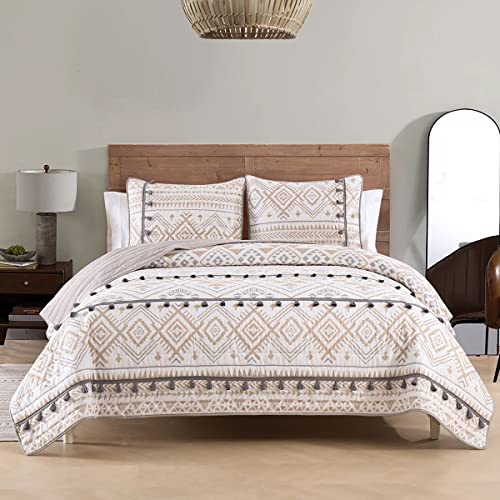HORIMOTE HOME Boho Style Beige Twin Quilt Set with Tassle, Soft and Lightweight Bedspread for All Season, Twin Size Bed Coverlet with 1 Matching Pillow Sham (2 Pieces) - color: Beige, size: Twin