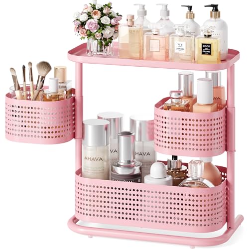 KINGRACK 3 Tier Pink Bathroom Counter Organizer, Rotating Makeup Organizer for Vanity, Perfume & Skincare Standing Shelf, Vanity Tray for Bathroom Countertop Storage, Pink - color: PINK