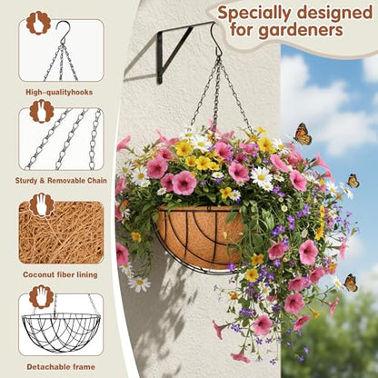 Metal Hanging Baskets for Plants Outdoor 4 Pack Round Metal Wire Hanging Basket Planter (Grid, 10 Inch) - size: 10 Inch, style: Grid