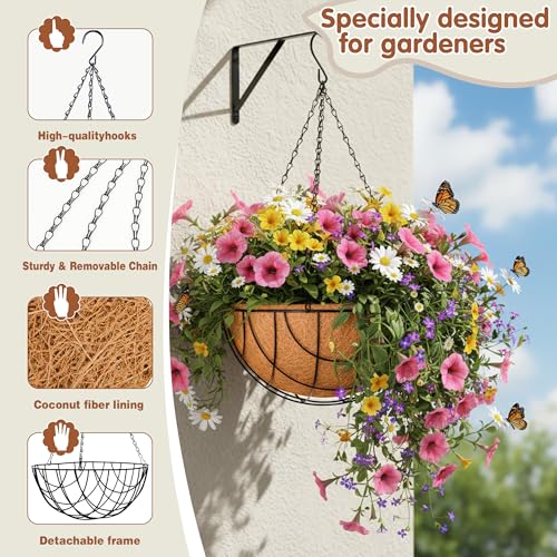 14 inch Metal Hanging Baskets For Plants Outdoor 4 Pack Round Metal Wire Hanging Basket Planter with Coco Fiber Liners Plant Holder for Garden, Patio, Deck, Porch Plants Flower Potss Outdoor(Grid) - size: 14 Inch, style: Grid
