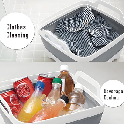 Collapsible Dish Basin with Drain Plug, 9L 2.4 Gallon Portable Wash Basin Dishpan Space Saving Dish Washing Tub Foldable Sink Tub Kitchen Storage Tray Grey