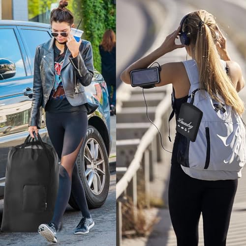 Travel Laundry Bags, 2Pcs JHX Foldable Dirty Clothes Bag 【Upgraded】 with Fixed Drawstring Net, Handles and Carabiner, Portable Laundry Bags for Travel and Fitness (Dark-Black) 30"H x 21"W - color: Dark-black